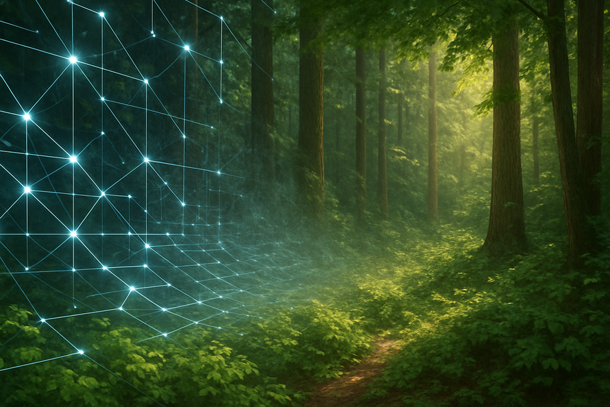 A naturallooking image depicting a digital network represented by glowing lines and nodes fading into a lush dense forest The foreground features vibrant green foliage with rays of sunlight filtering through the trees casting dappled shadows on the g-1-1